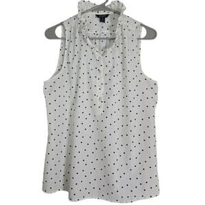 J.Crew Polka Dot Blouse Women’s Size 10 White Black Sleeveless Ruffle Neck Top